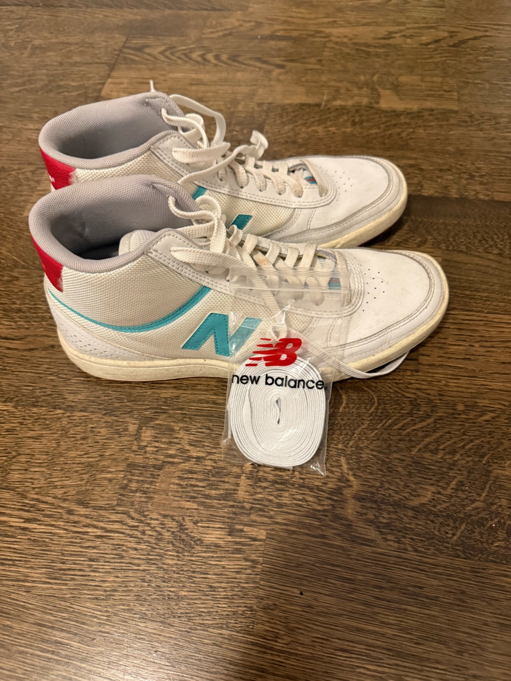 New Balance Men’s White Sneakers with Teal and Red Accents